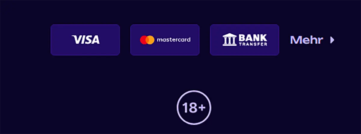 Payment methods section showing Visa, Mastercard, and bank transfer options with a “Mehr” (more) button and an 18+ age restriction icon on a dark background