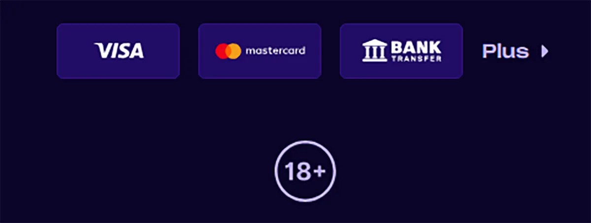 Payment methods section showing Visa, Mastercard, and bank transfer options with a “Plus” (more) button and an 18+ age restriction icon on a dark background