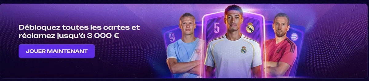 French promotional banner featuring football players and collectible cards with a call to action to unlock all cards and win up to €3,000 on a purple themed background