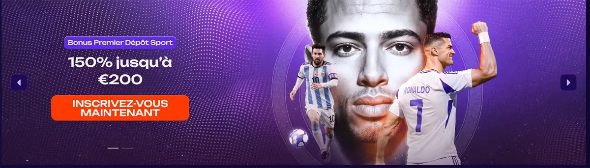 French sports welcome bonus banner showing 150% up to €200 with football players and an “Inscrivez-vous maintenant” (sign up now) call-to-action on a purple themed background