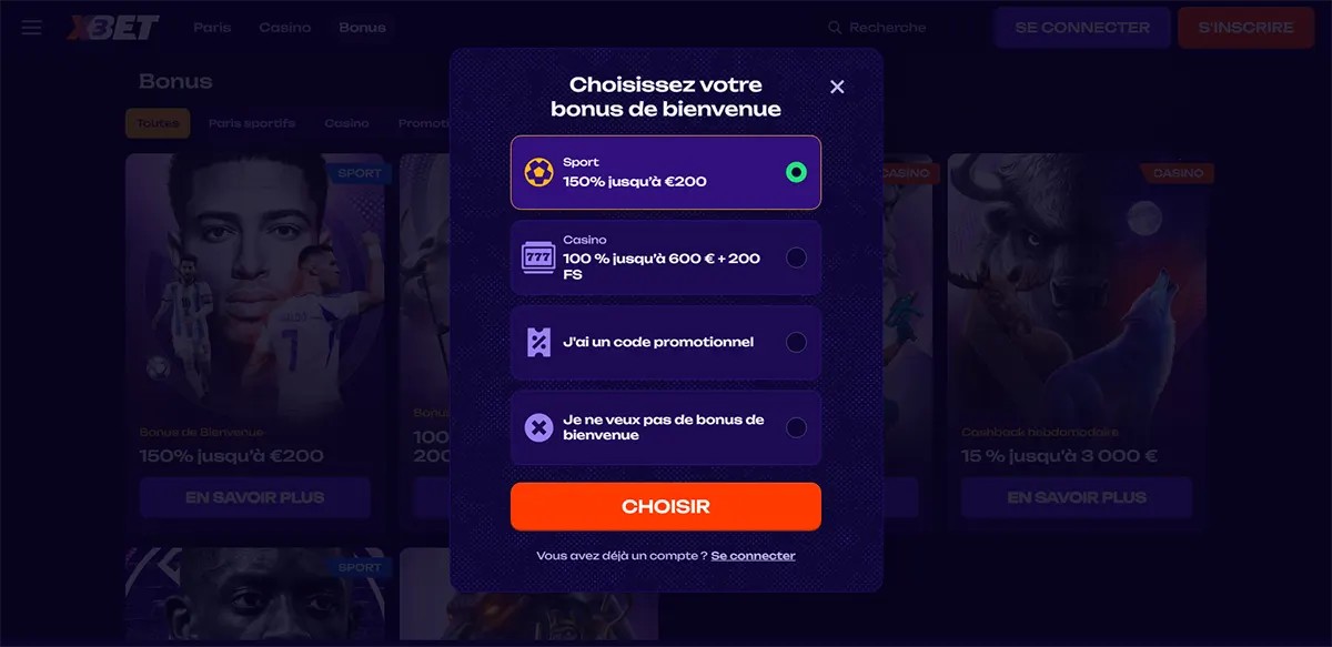 French welcome bonus selection popup showing options for sports bonus 150% up to €200, casino bonus 100% up to €600 with 200 free spins, promo code entry, and no welcome bonus choice on a dark themed betting website